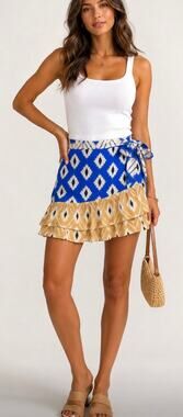 ZARA Blue Ikat Print Ruffle Mini Skirt Side Tie Boho Resort Size L